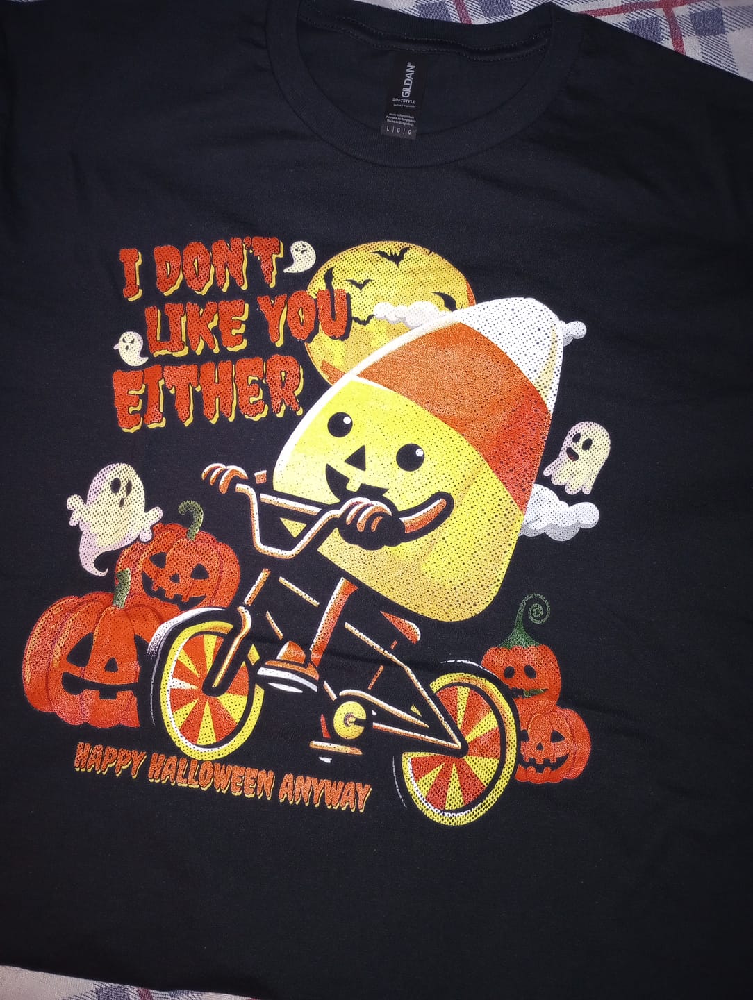 Customer photo review of I Don't Like You Either Cutie Candy Corn HalloweenT-Shirt