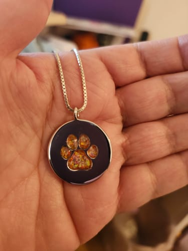 Customer photo review of Pawprint Disc Pendant with Cremation Ashes