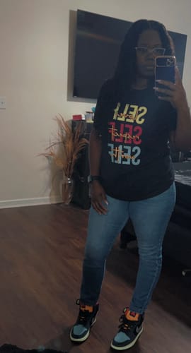 Customer photo review of Self Love T-Shirt (Black Shirt/Pink Lime Blue Orange Print)