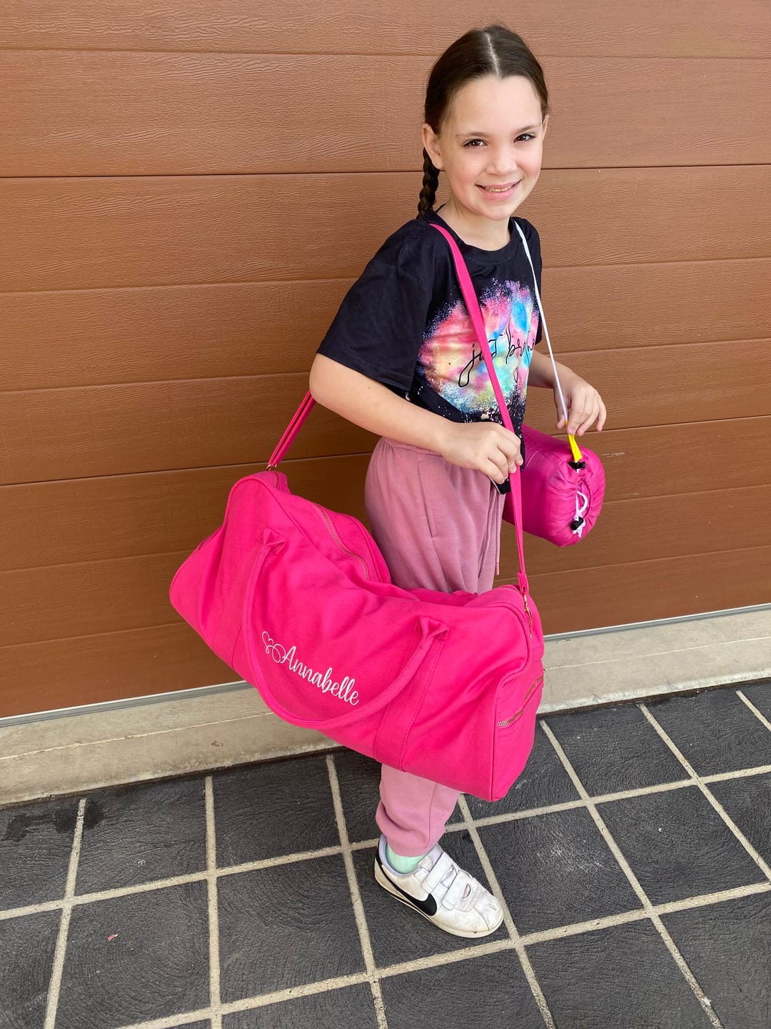Customer photo review of Raspberry Personalised Duffle Bag