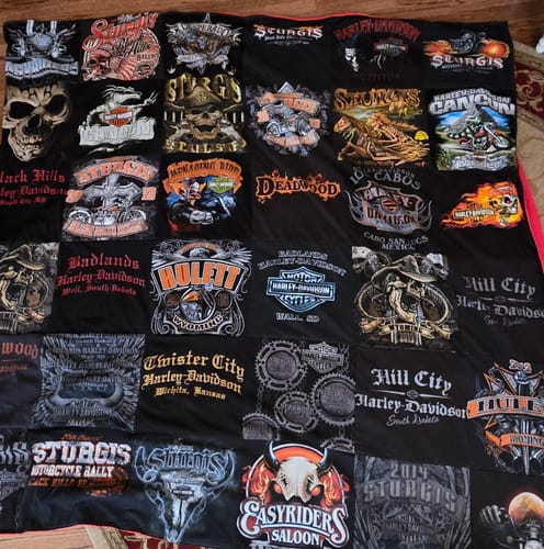 T-shirt quilt with motorcycles, biking themes by Pamela from MO