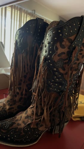 Customer photo review of Women's Cheetah and Fringe Western Boots