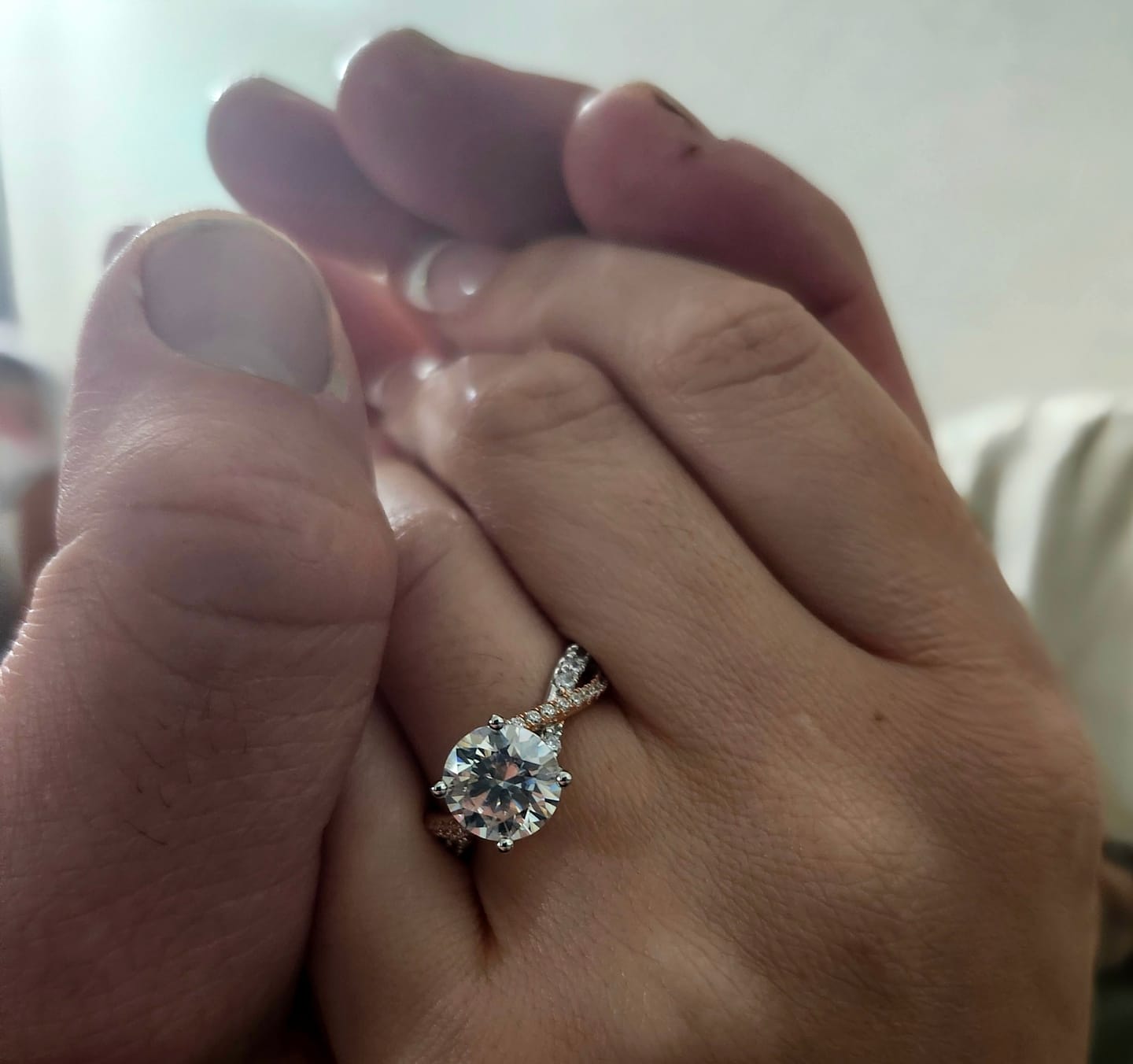 Customer photo review of Rose Gold Two Tone Moissanite Twisted Vine Pave Engagement Ring