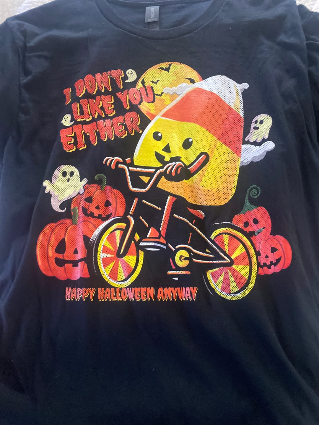 Customer photo review of I Don't Like You Either Cutie Candy Corn HalloweenT-Shirt