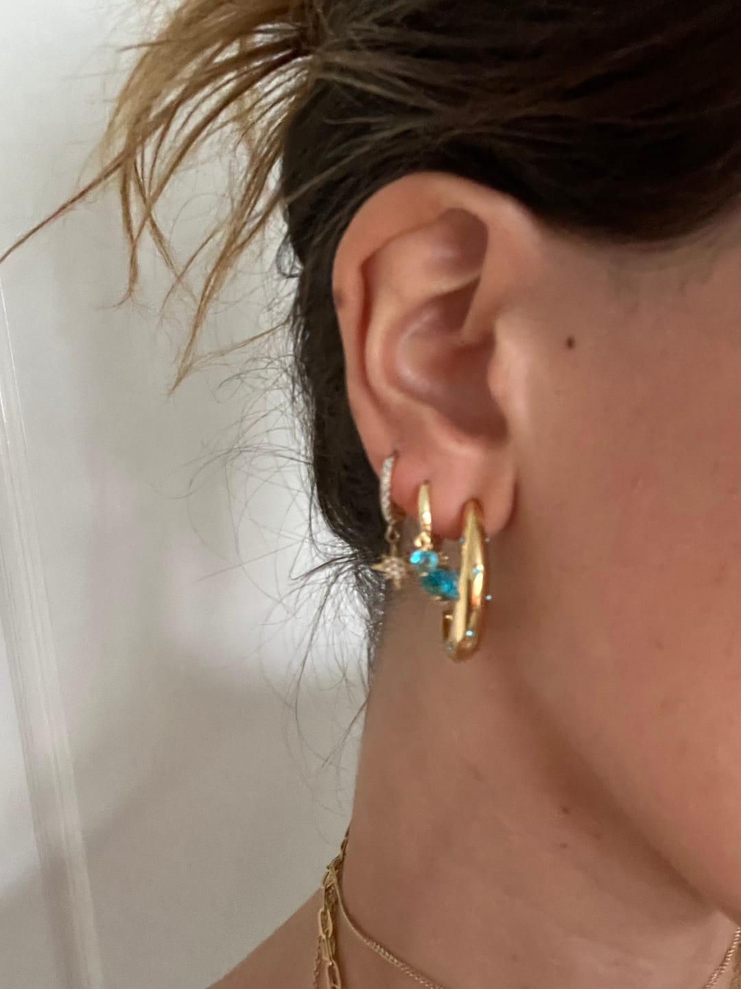 Customer photo review of Iris Turquoise Gold Waterfall Huggie Earrings
