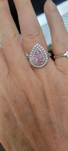 Customer photo review of Louily Lovely Split Shank Double Halo Pear Cut Pink Sapphire Engagement Ring In Sterling Silver