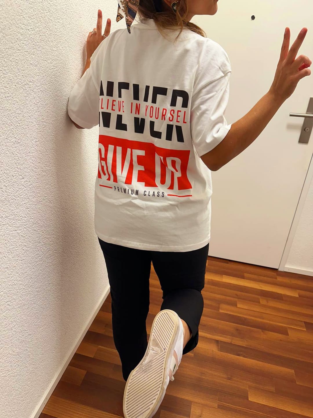 Customer photo review of NEVER GIVE UP Oversized Shirt (Backprint)