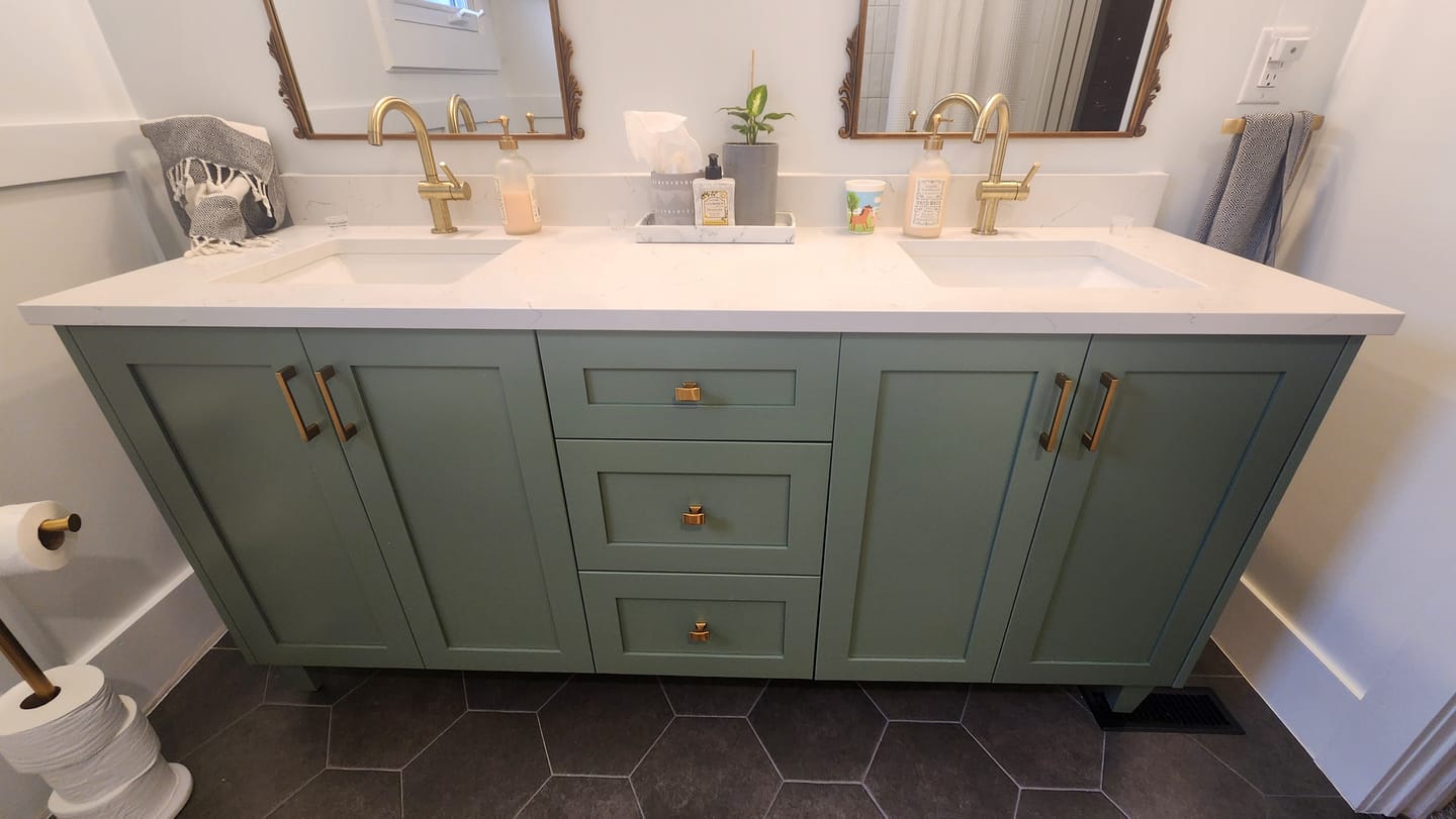 Customer photo review of Bridgeport 60" Sage Green Bathroom Vanity