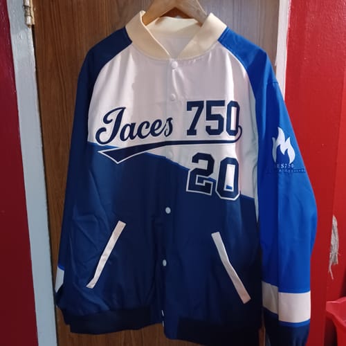 Customer photo review of Custom Navy White-Royal Color Block Bomber Varsity Full-Snap Baseball Jacket