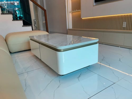 Customer photo review of Bàn trà chữ nhật màu trắng, mặt đá Ceramic, tích hợp 4 ngăn kéo - SERENO