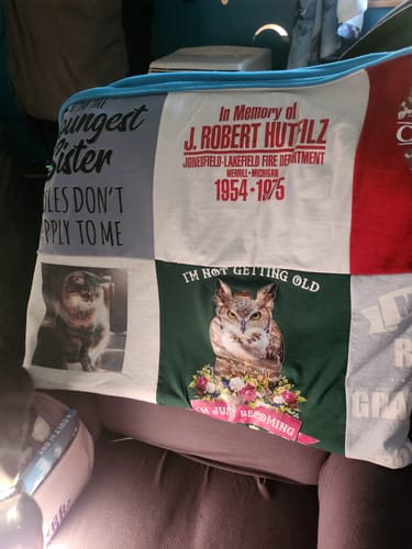 T-shirt quilt with cats, aging gracefully themes by Beverly from MI