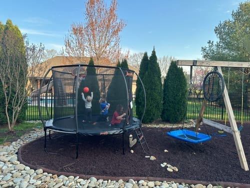 Customer photo review of Classic Outdoor Trampoline with Basketball Hoop