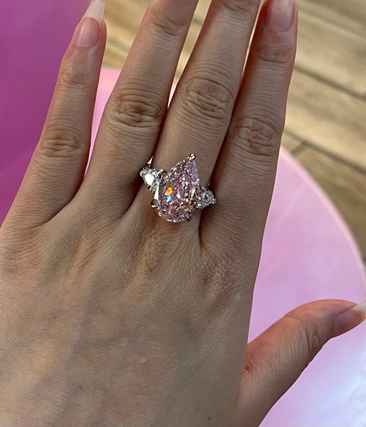 Customer photo review of S925 Stunning Pear Cut Yellow/Pink Sapphire Three Stone Engagement Ring
