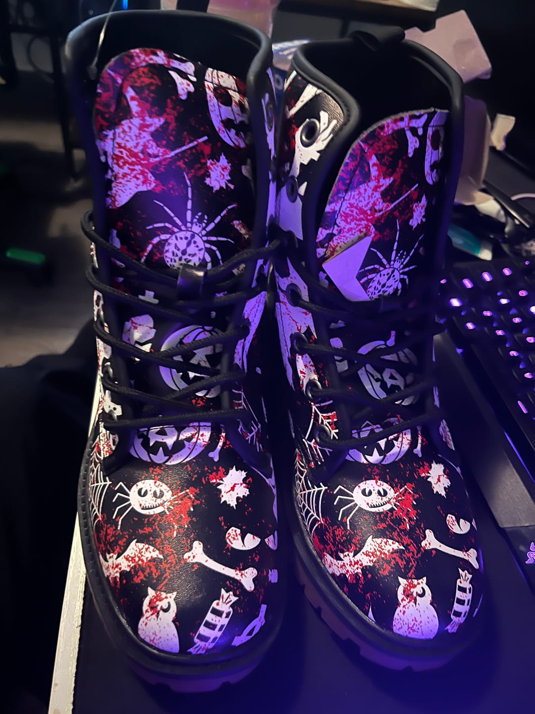 Customer photo review of Blood Splattered Halloween Aesthetics Black Vegan Leather Combat Boots