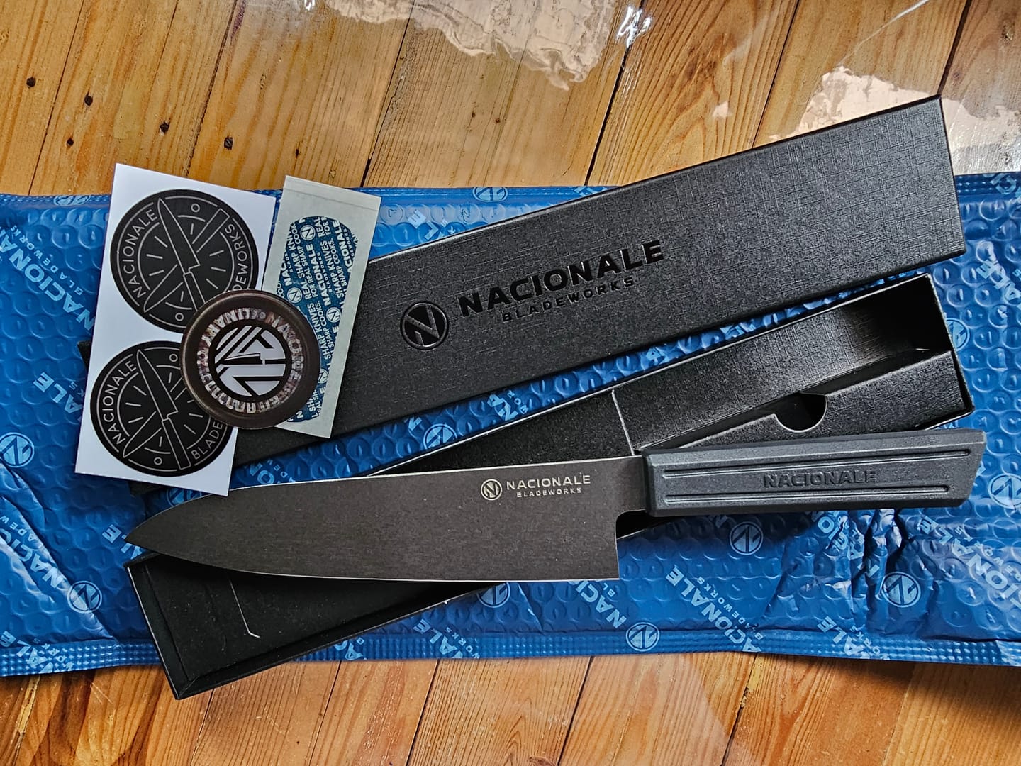 Customer photo review of 185mm Gyuto. Black Stonewashed AUS8. Black Recycled Plastic Skateboard Material Handle