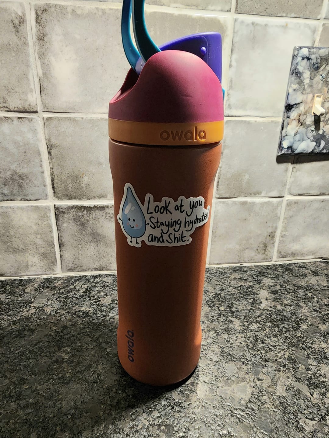 Customer photo review of "Look At You Staying Hydrated And Shit" Water Bottle Sticker