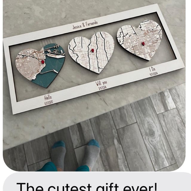 Customer photo review of 3D Wooden Map for Three Locations Hearts