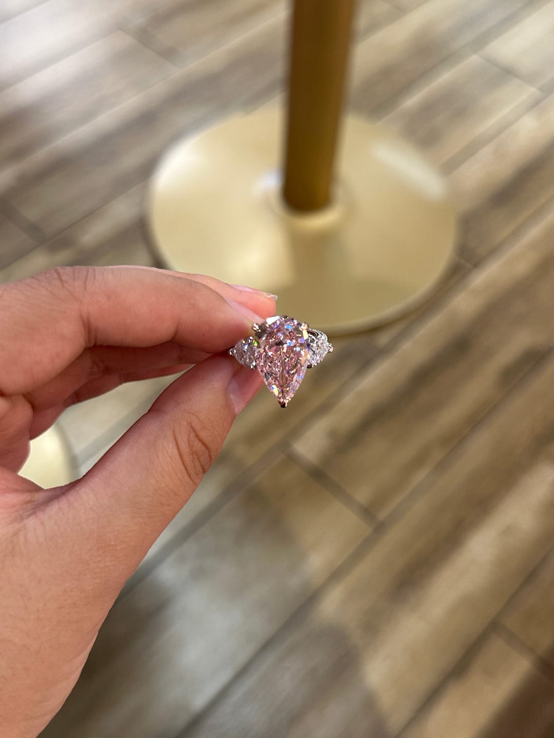 Customer photo review of S925 Stunning Pear Cut Yellow/Pink Sapphire Three Stone Engagement Ring