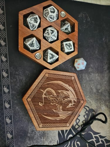 Customer photo review of URWizards D&D White Howlite Engraved Dice Set Flying Dragon