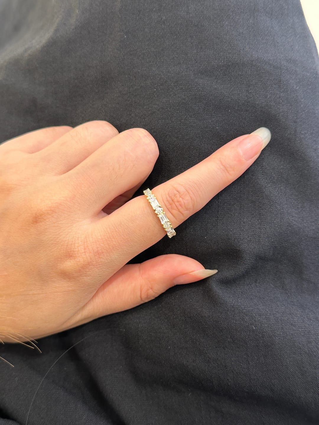 Customer photo review of S925 1.5 Ct Fashion Yellow Gold Half Emerald & Round Cut Wedding Band In Sterling Silver