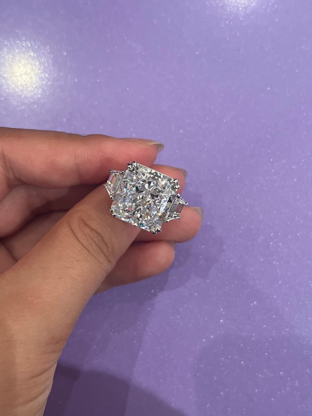 Customer photo review of S925 6.5/12.0 Ct Radiant Cut Crushed Ice Simulated Diamond Three-Stone Engagement Travel Ring
