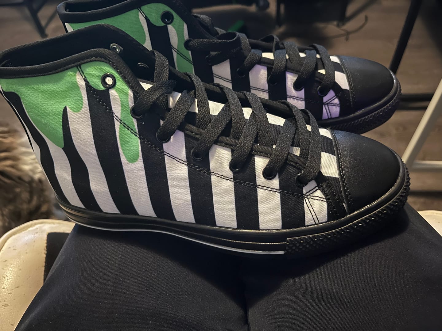 Customer photo review of Black and White Stripes with Green Slime on Vegan High Top Canvas Shoes