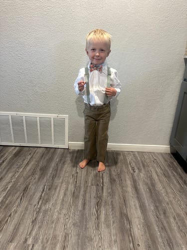 Customer photo review of Peach Rifle Paper Co Garden Party Bow Tie & Sage Suspenders Set