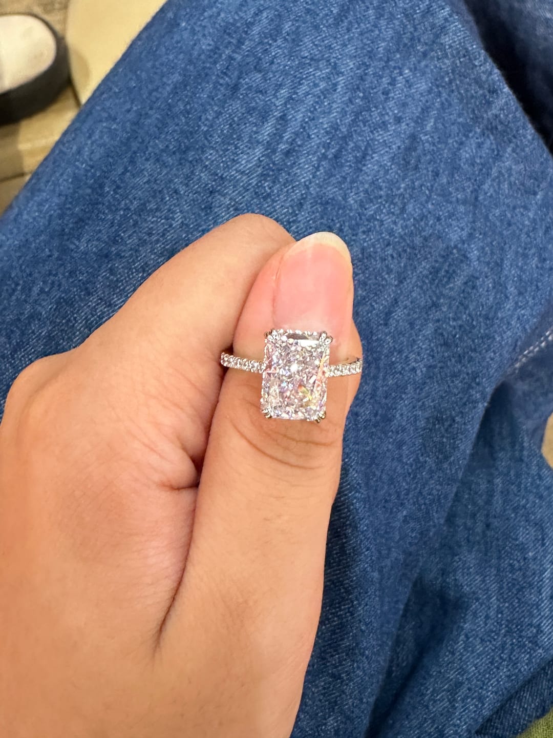 Customer photo review of S925 4.5Ct Radiant Cut Engagement Ring Moissanite/Simulated Diamond Solitaire Stackable Travel Ring For Women