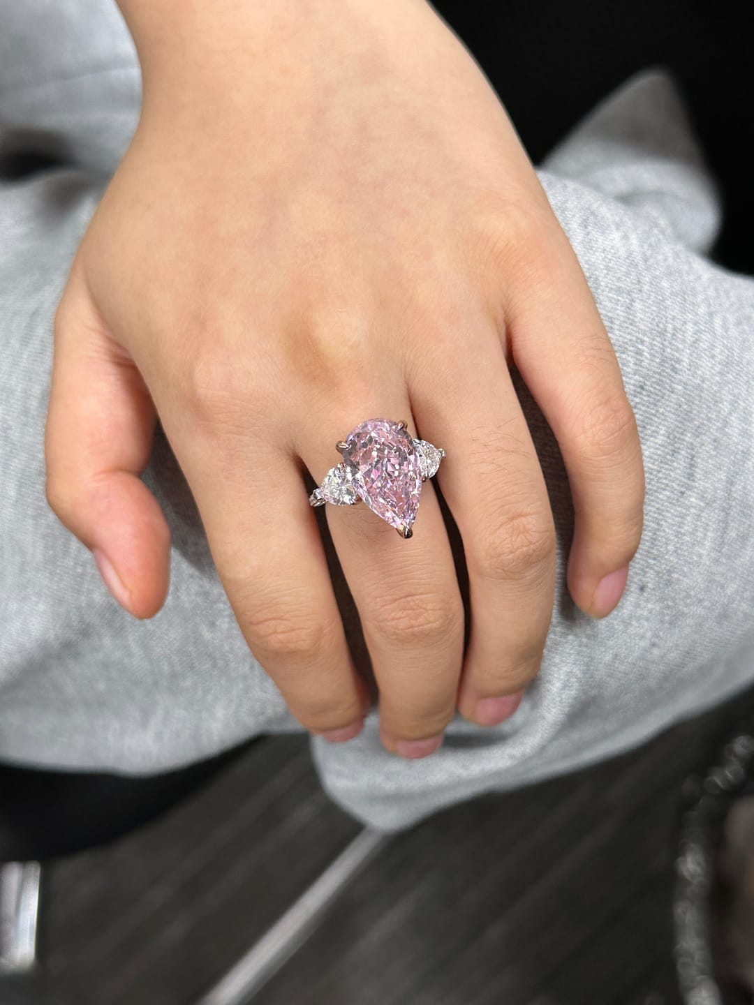Customer photo review of S925 Stunning Pear Cut Yellow/Pink Sapphire Three Stone Engagement Ring