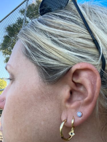 Customer photo review of Blue Evil Eye Drop Earrings