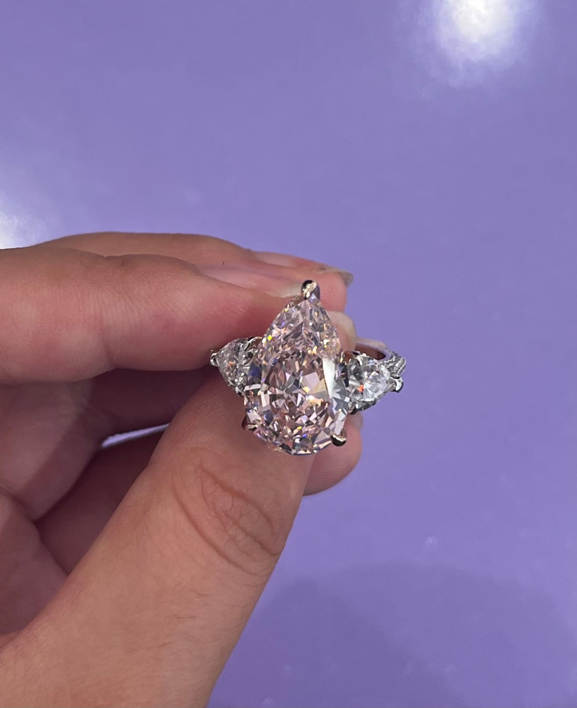 Customer photo review of S925 Stunning Pear Cut Yellow/Pink Sapphire Three Stone Engagement Ring