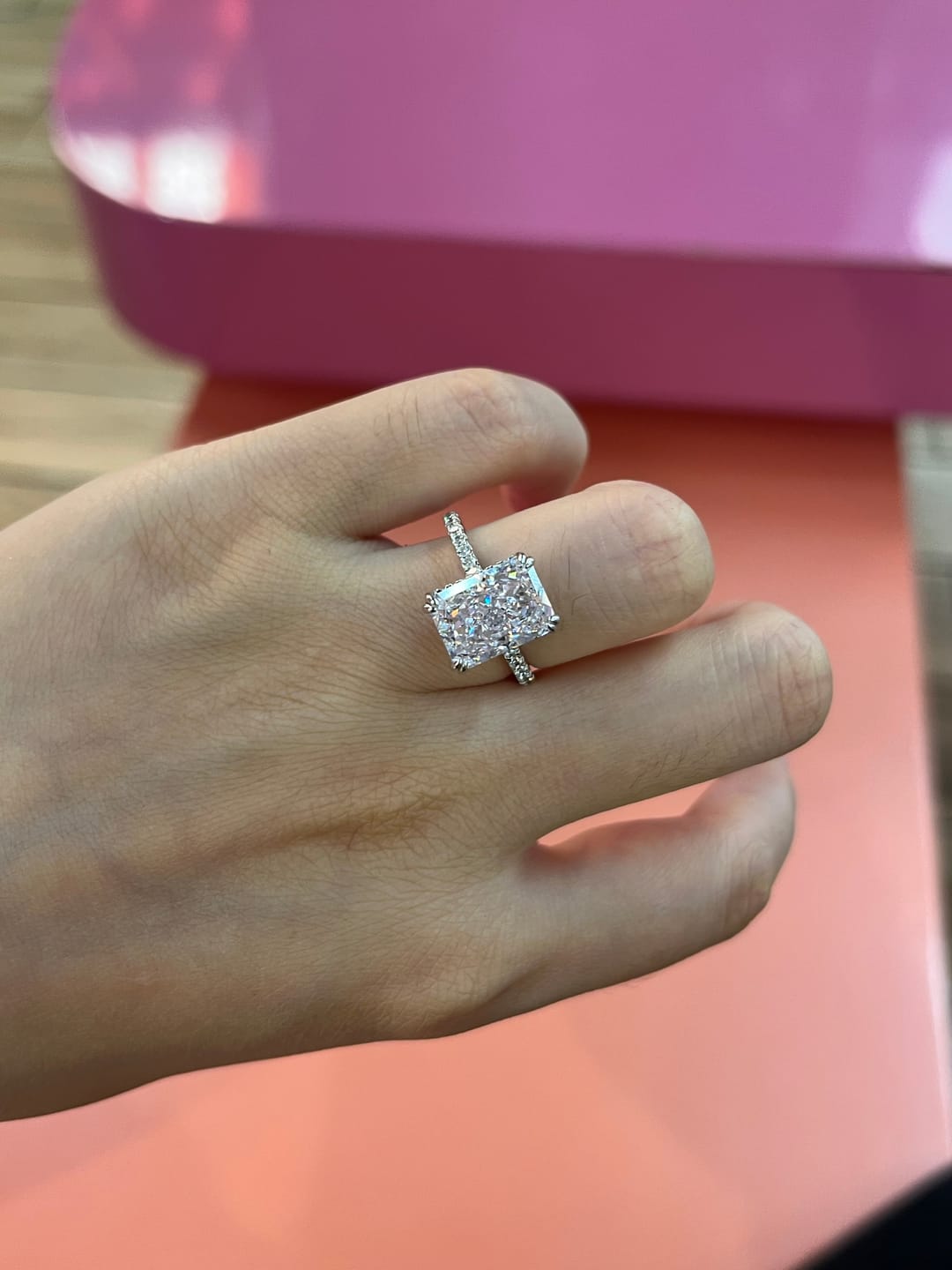 Customer photo review of S925 4.5Ct Radiant Cut Engagement Ring Moissanite/Simulated Diamond Solitaire Stackable Travel Ring For Women