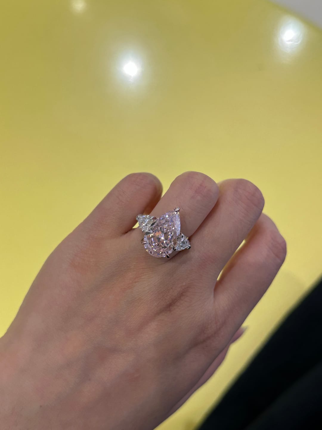 Customer photo review of S925 Stunning Pear Cut Yellow/Pink Sapphire Three Stone Engagement Ring