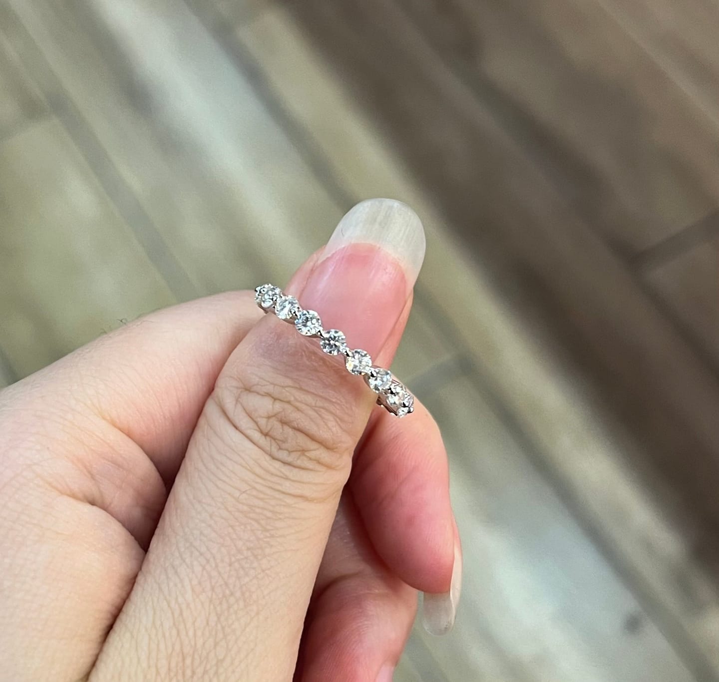 Customer photo review of S925 Moissanite Eternity 1.5 CT Round Cut Wedding Band Stackable Ring