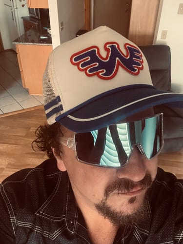 Customer photo review of Seager x Waylon Jennings Flying W Snapback Hat - Vintage White/Blue