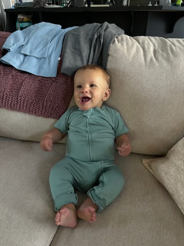 Customer photo review of Short Sleeve Bamboo Romper in Agave