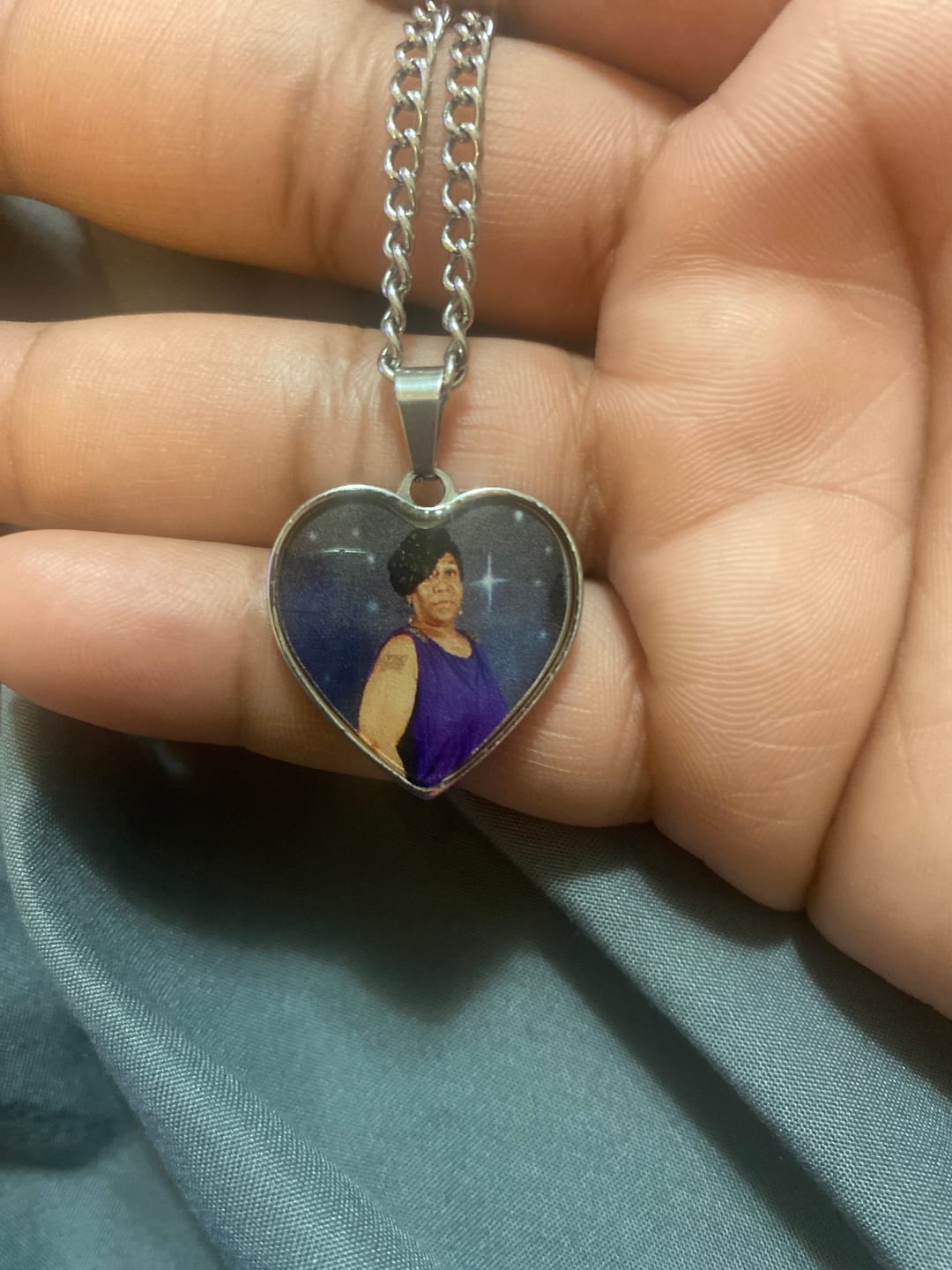 Customer photo review of Custom Engravable Heart Photo Necklace