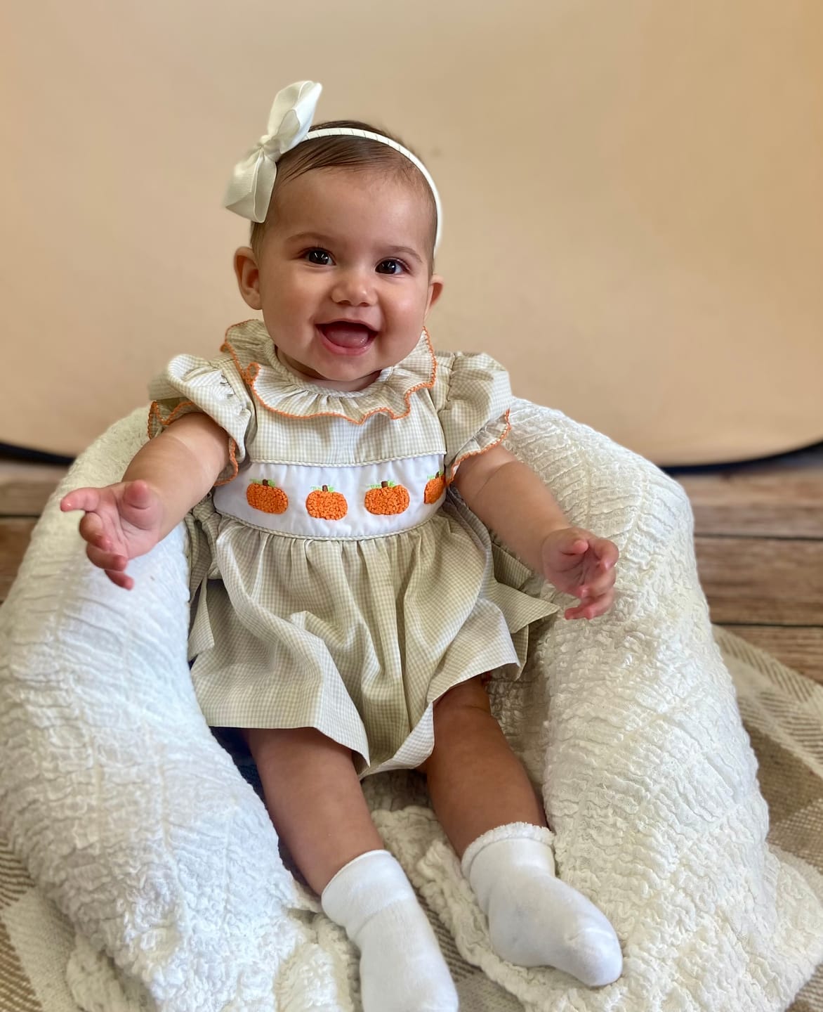 Customer photo review of Pumpkin French Knot Tan Gingham Beverly Bloomer Set