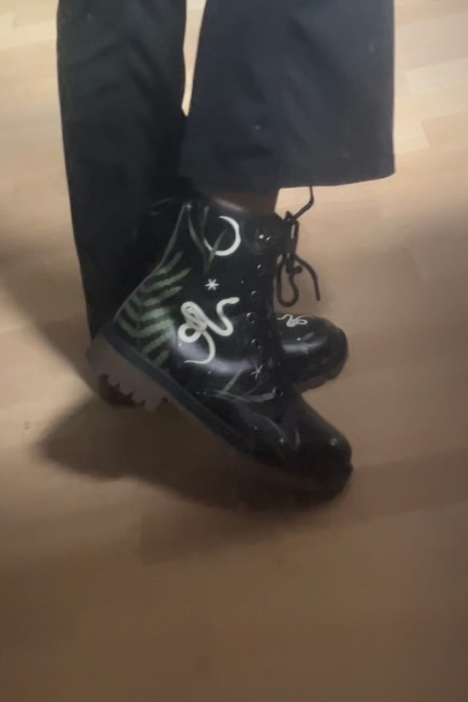 Customer photo review of Nocturnal Snakes in Enchanted Forest in Black Vegan Leather Combat Boots