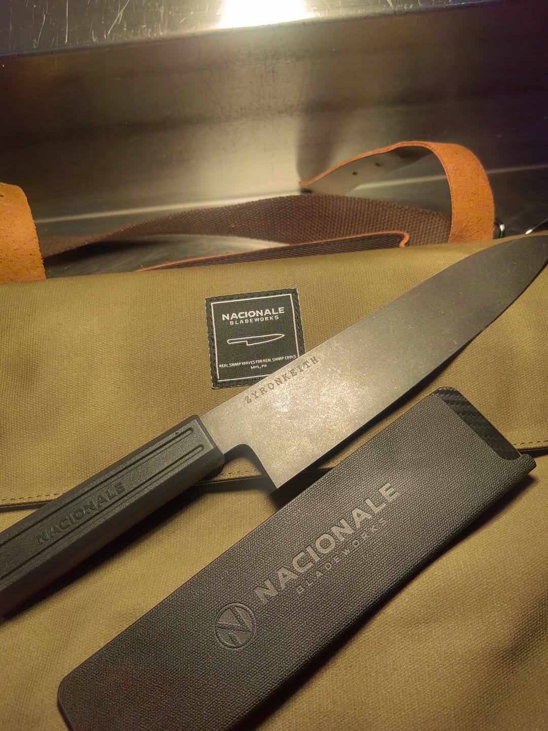Customer photo review of 185mm Gyuto. Black Stonewashed AUS8. Black Recycled Plastic Skateboard Material Handle