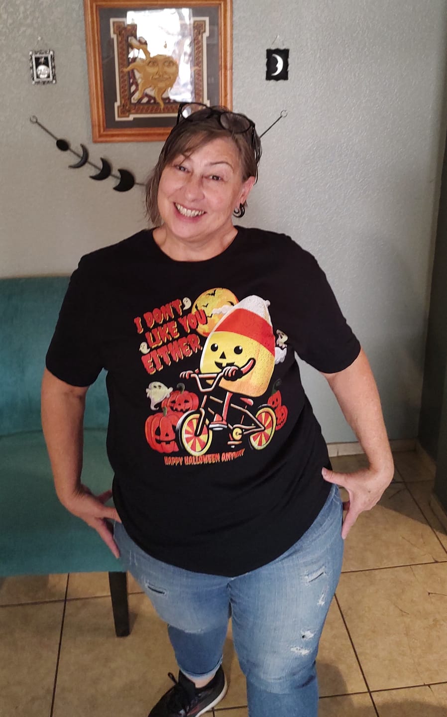 Customer photo review of I Don't Like You Either Cutie Candy Corn HalloweenT-Shirt
