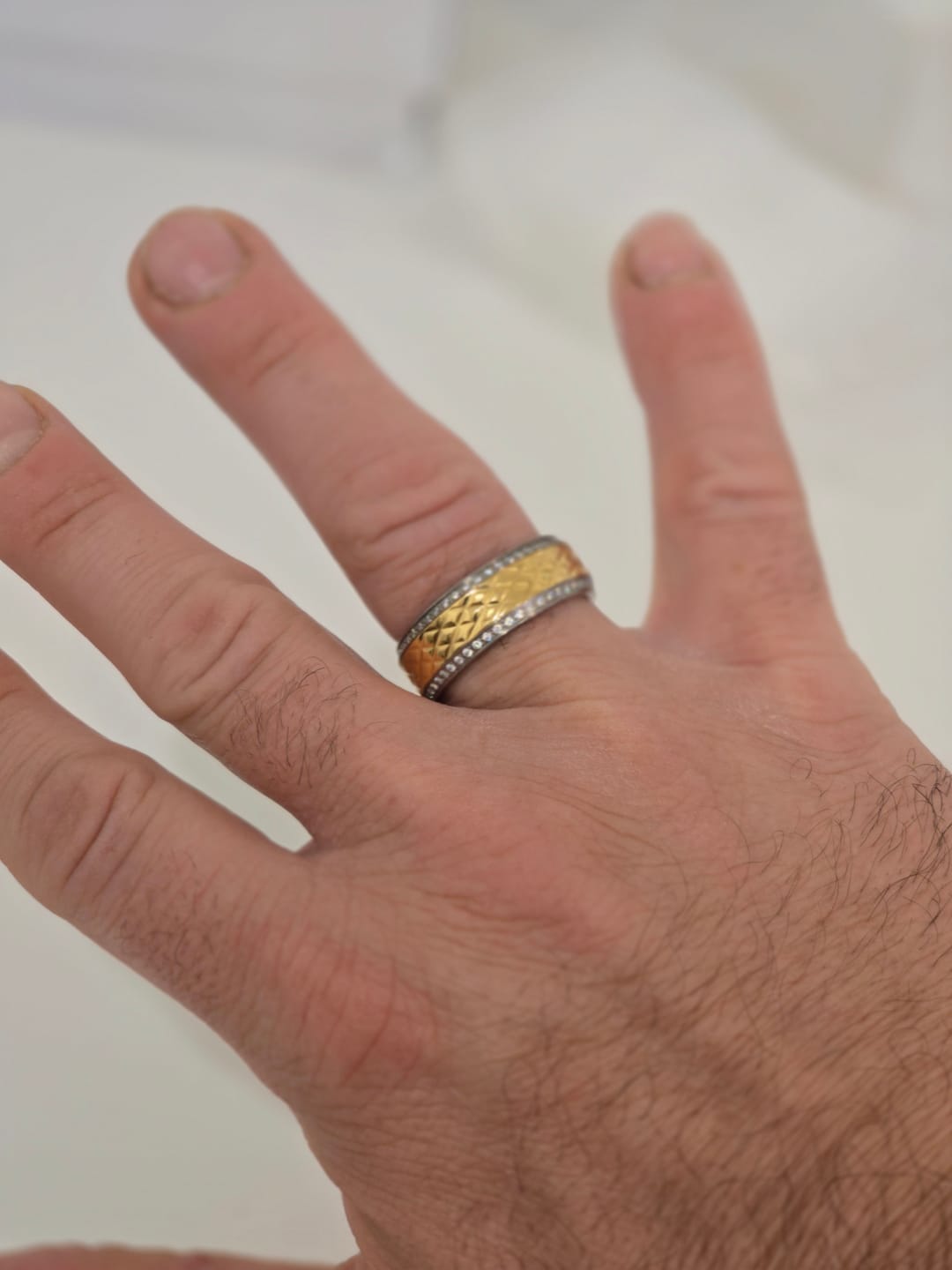 Customer photo review of 8mm - Silver Titanium Wedding Band Gold Diamond Pattern Center with Diamonds