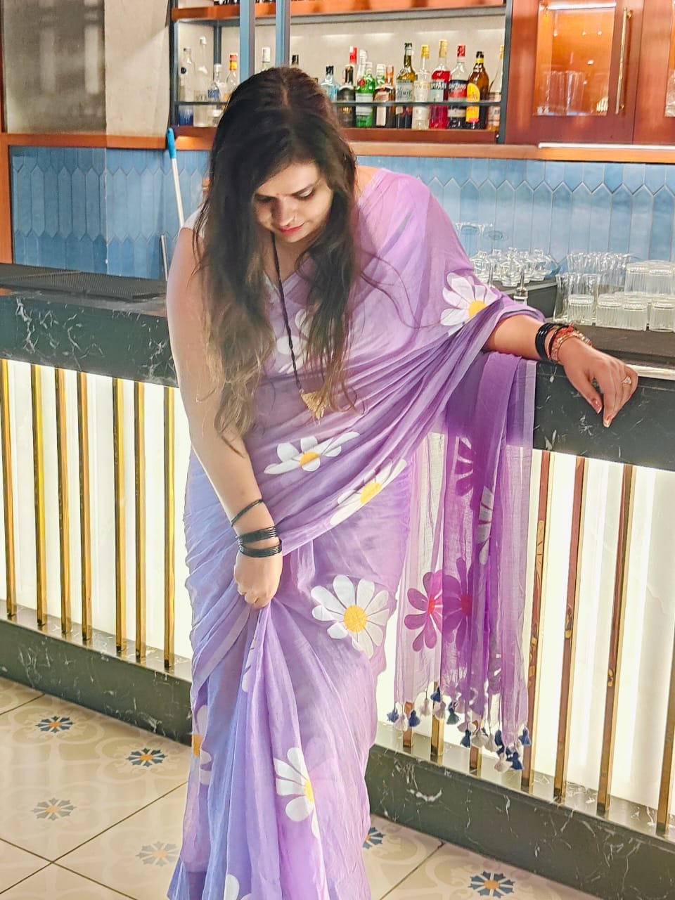 Customer photo review of Lavender Handpainted Mulmul Cotton Saree