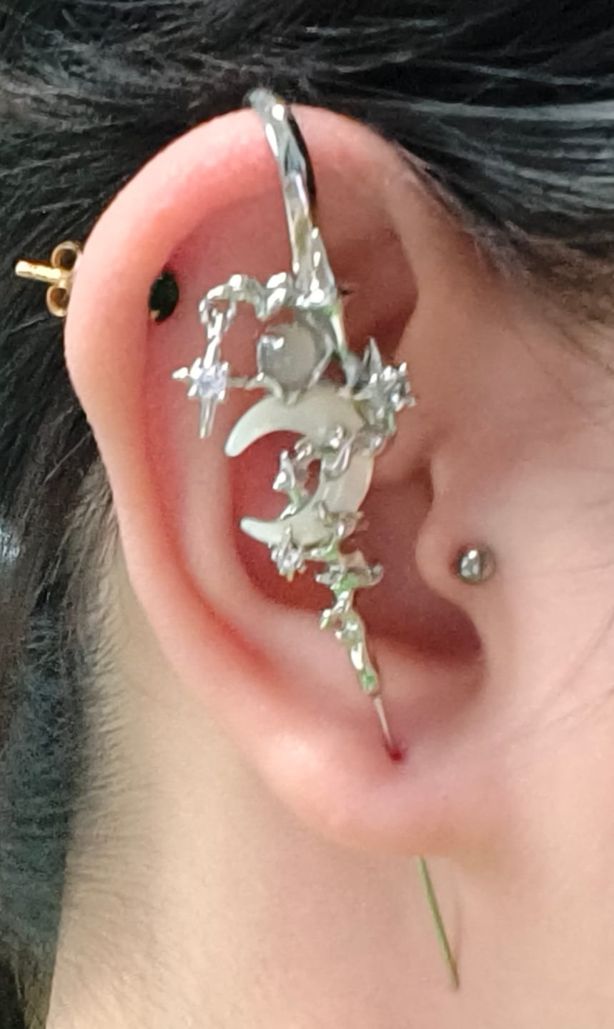 Customer photo review of "MYTH OF THE MOON" 925 Sterling Silver Statement Celestial Moon Dangle Needle Piercing Earring