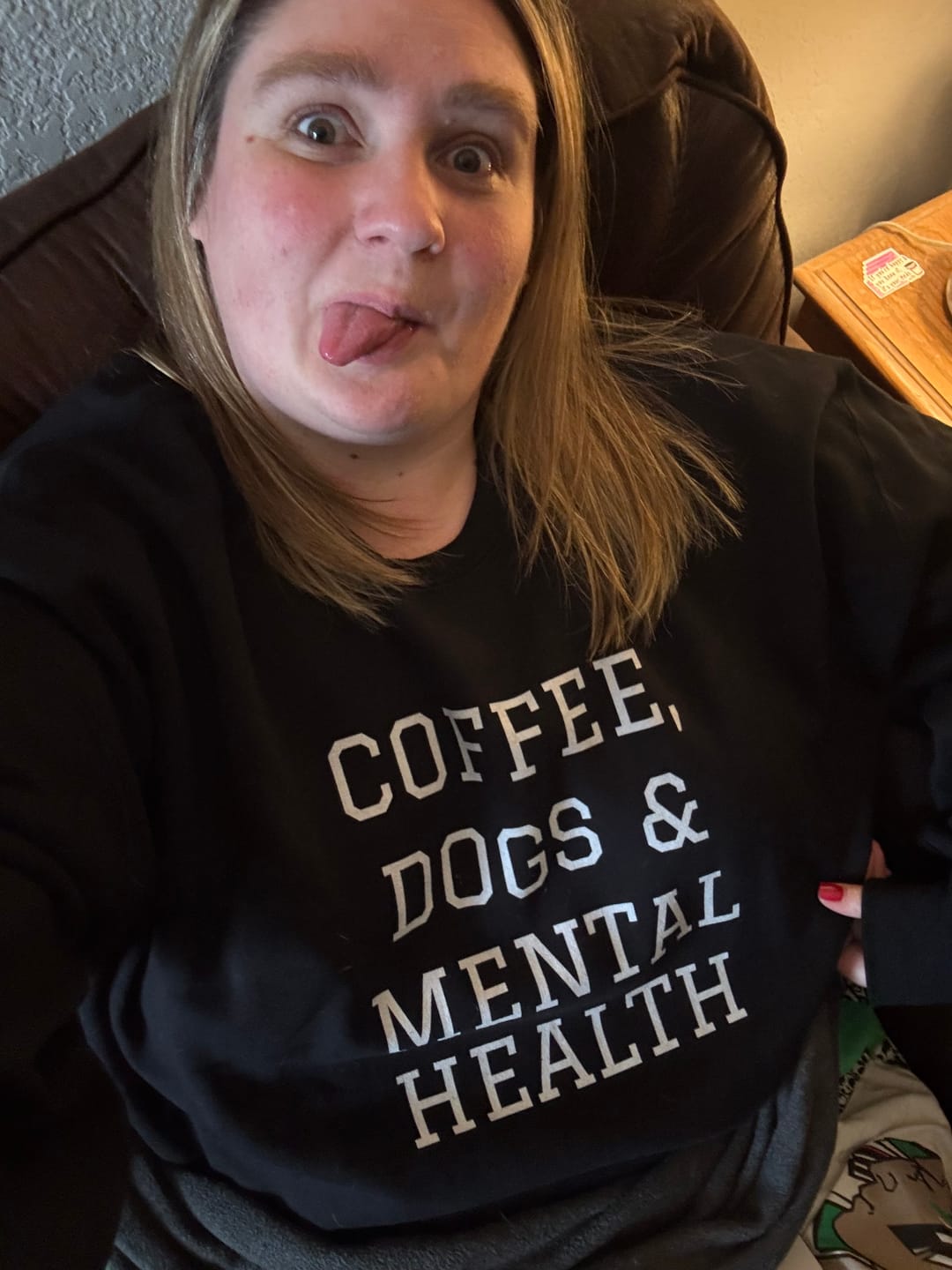 Customer photo review of Coffee, Dogs & Mental Health Sweatshirt