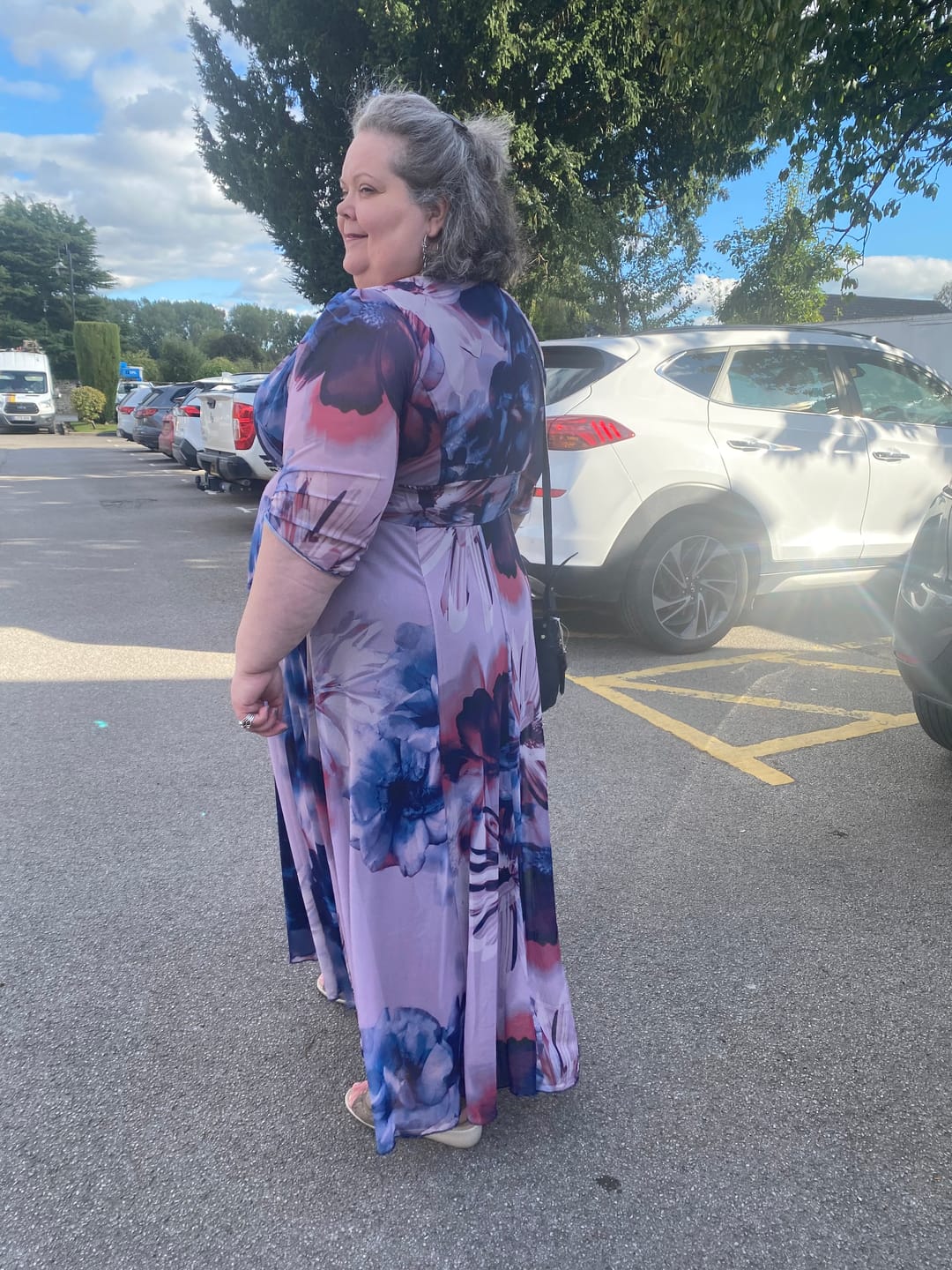 Customer photo review of Verity Plus Size Maxi Gown in Elegant Indigo Rose Print