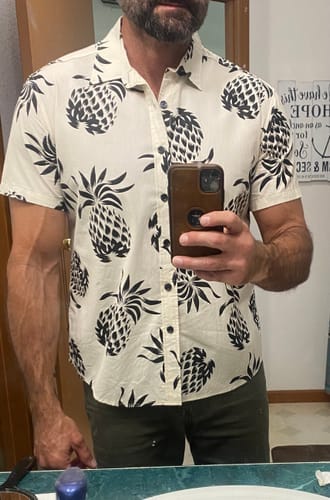 Customer photo review of Men's Cotton Pineapple Print Summer Hawaiian Beach Beige Button Up Short Sleeve Shirt