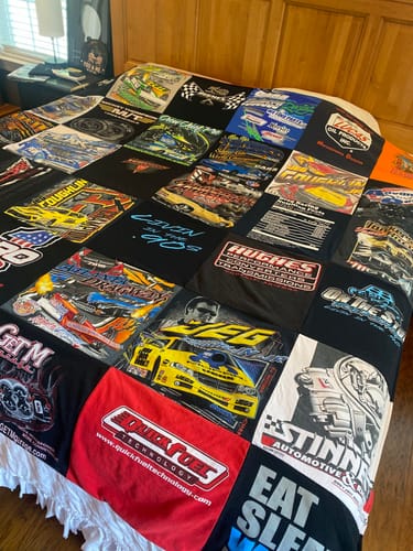 T-shirt quilt with automotive, racing themes by Kayla from TN
