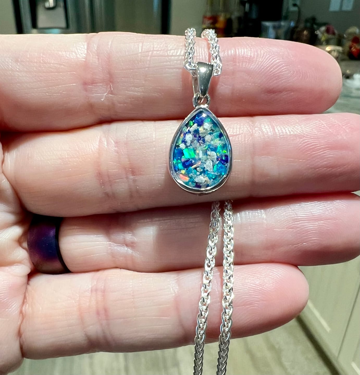 Customer photo review of Petite Pear Drop with Cremation Ashes
