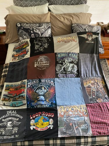 T-shirt quilt with motorcycles, biking themes by Rebecca from NC